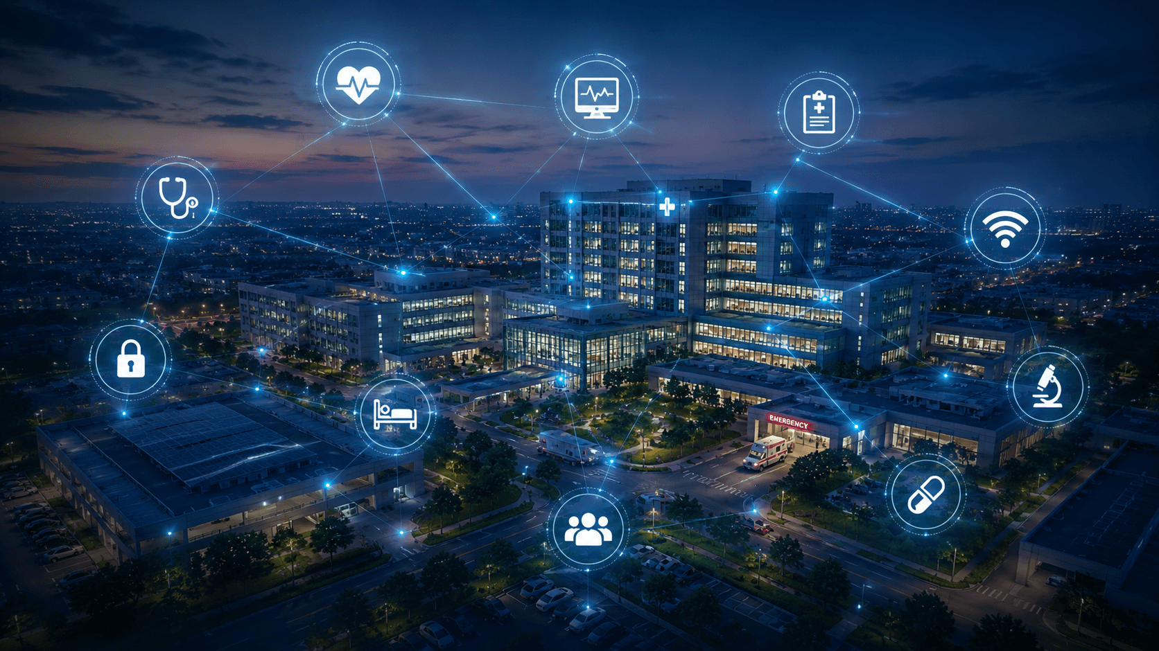 Aerial view of a connected smart hospital at night